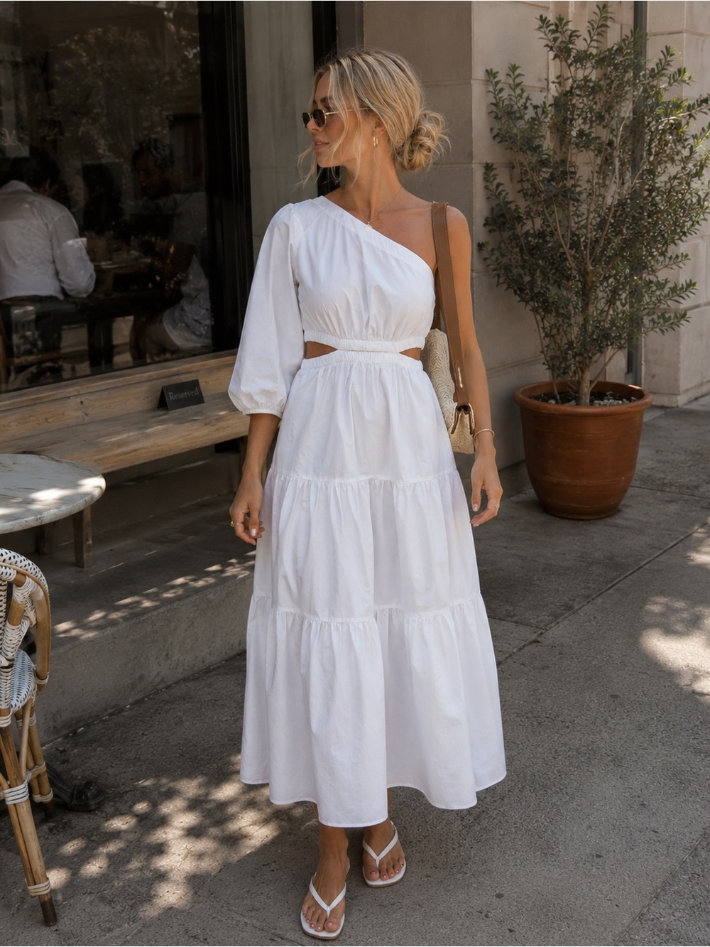Asymmetrical One-Shoulder White Maxi Dress with Side Cutout